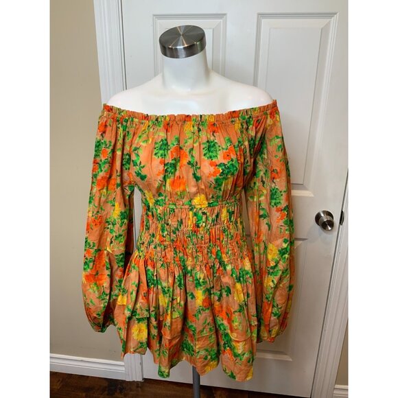 Caroline Constas Orange Floral Sage Off-The-Shoulder Floral Mini Dress, Size S - Picture 2 of 6